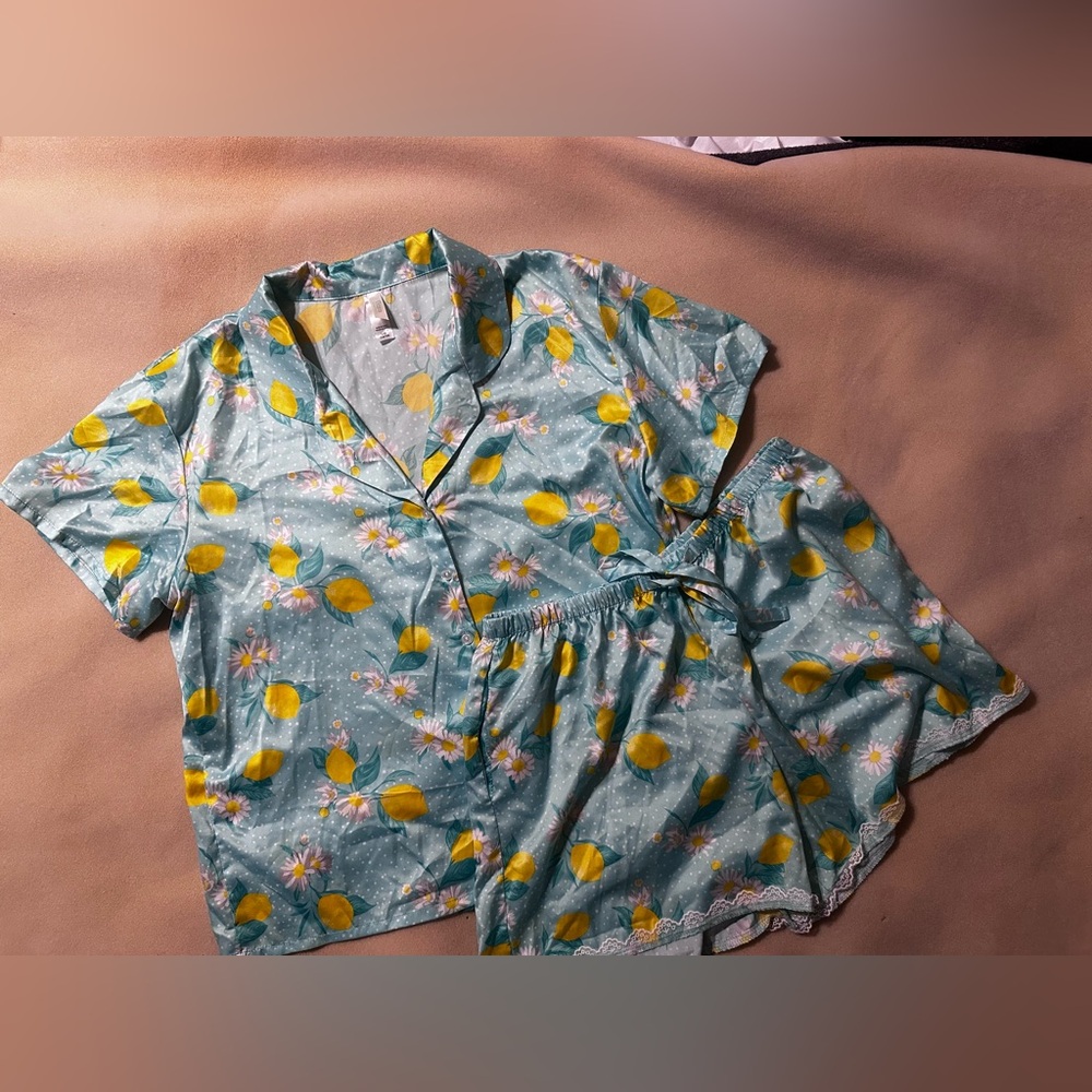 #1108 Floral Lemon Print Pajama Set Size Large